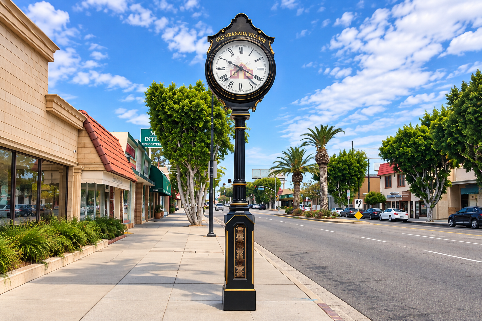 Old Granada Village street clock beside storefronts and palm trees in Granada Hills